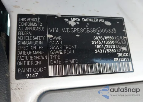 2011 Mercedes-Benz Sprinter 2500 High Roof from USA, damaged, VIN WD3PE8CB3B5605335